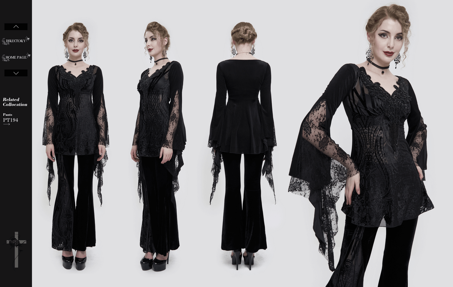 Black gothic lace top with tasseled long trumpet sleeves for women, exuding elegance and luxury.