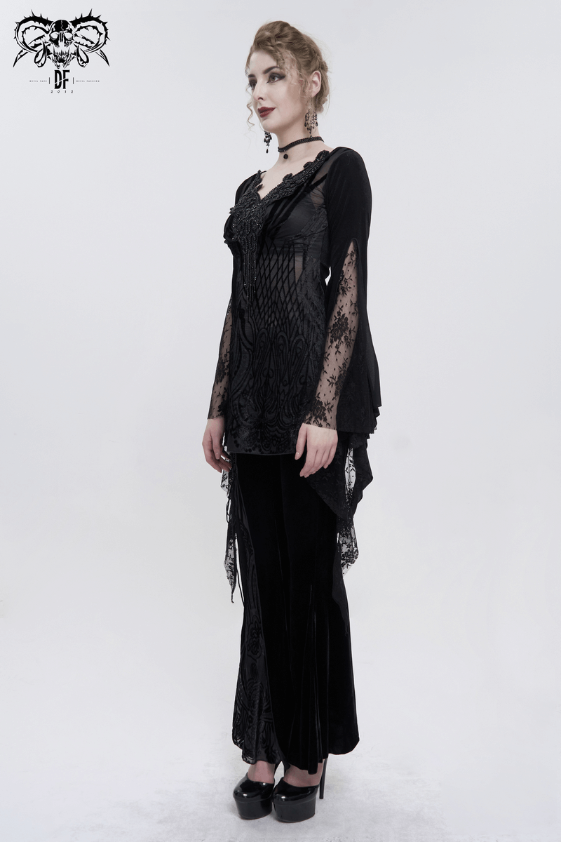 Stylish black gothic lace top with tasseled long sleeves for women, perfect for a luxurious gothic look.