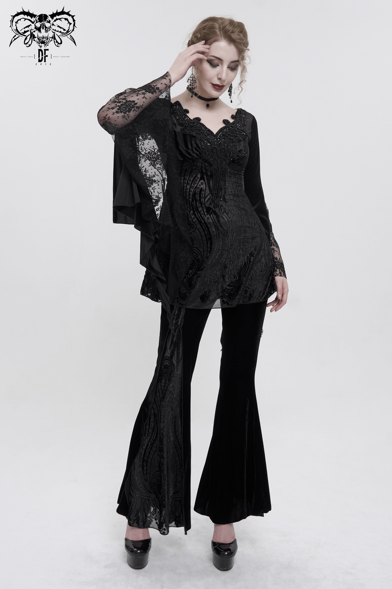 Black Gothic Lace Top with Tasseled Long Sleeves, perfect for an exquisite and stylish look.