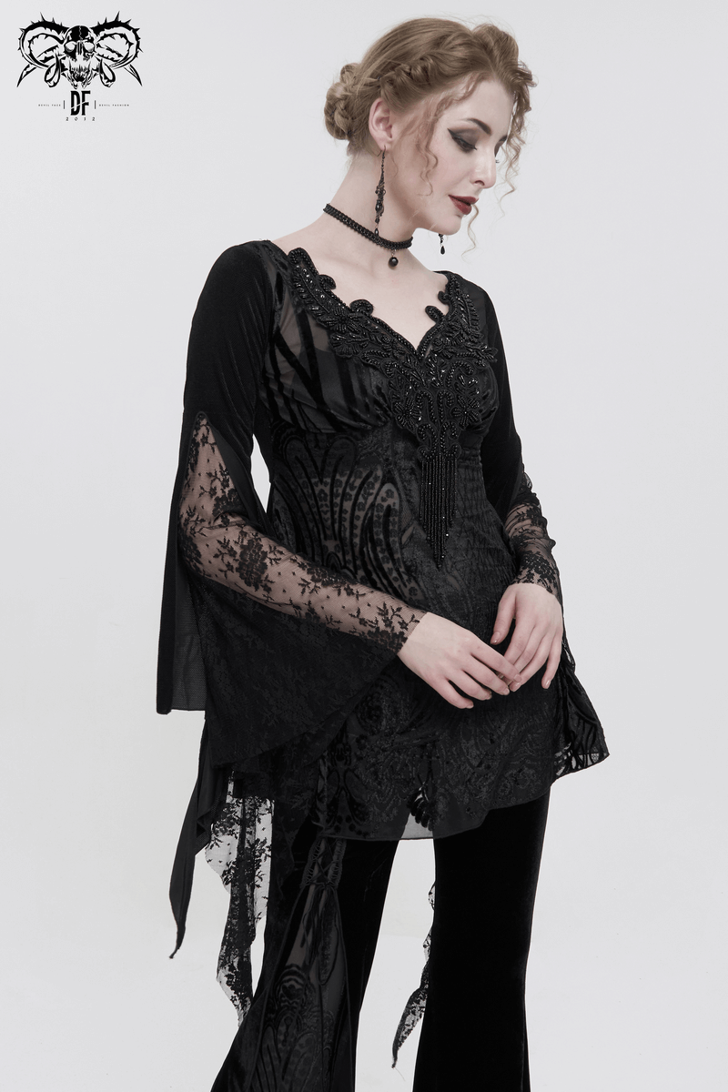 Elegant black gothic lace top with long tasseled sleeves for women, showcasing exquisite style and luxury.