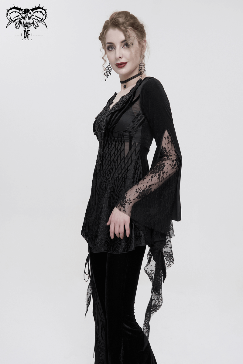 Elegant black gothic lace top with tasseled long sleeves, perfect for a chic and stylish look.