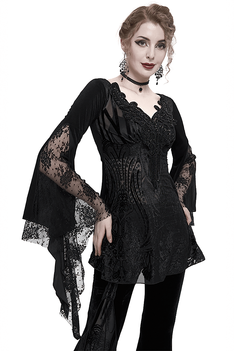 Elegant black gothic lace top with tassel long trumpet sleeves for women, perfect for a stylish and luxurious look.