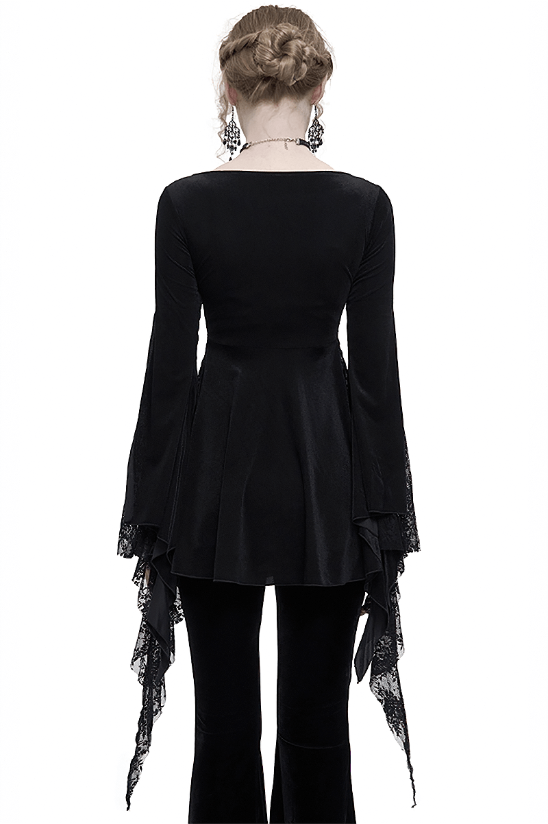 Back view of a black gothic lace tasseled long sleeve top, showcasing its elegant design and flowy silhouette.