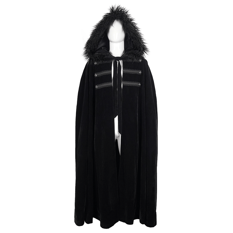 Black Gothic Long Hooded Faux Fur Cloak For Men / Warm Male Coat With Buttons & Lace On The Chest - HARD'N'HEAVY