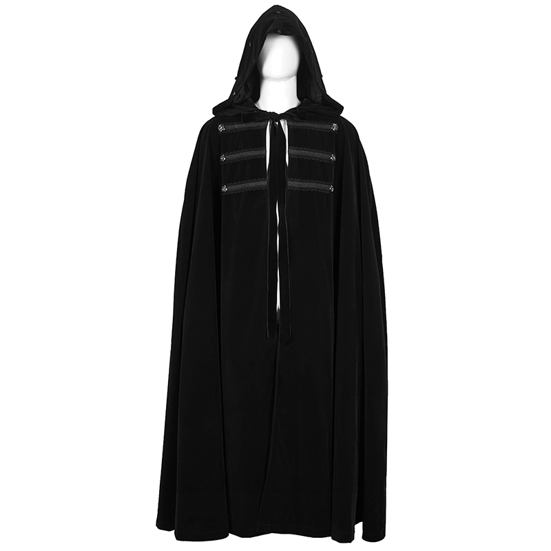 Black Gothic Long Hooded Faux Fur Cloak For Men / Warm Male Coat With Buttons & Lace On The Chest - HARD'N'HEAVY