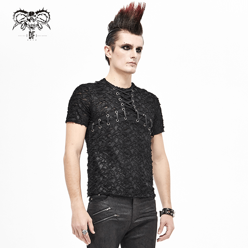 Black Gothic Men's Slim fit T-Shirt / Motorcycle Punk T-shirt with Lace-Up On Neckline & Bust - HARD'N'HEAVY