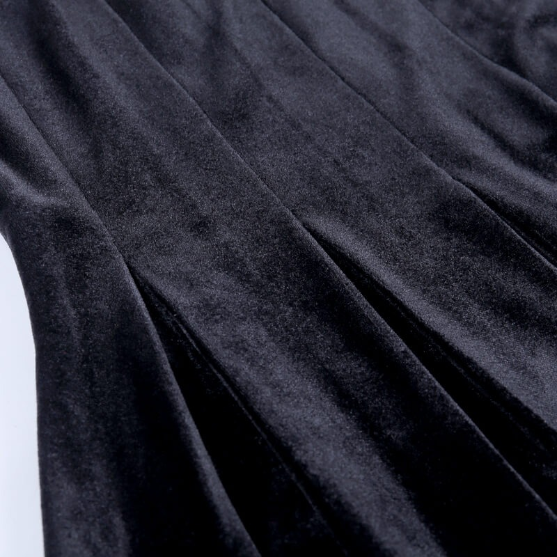 Close-up of luxurious black fabric for a Gothic mini dress, showcasing soft texture and elegant pleats.