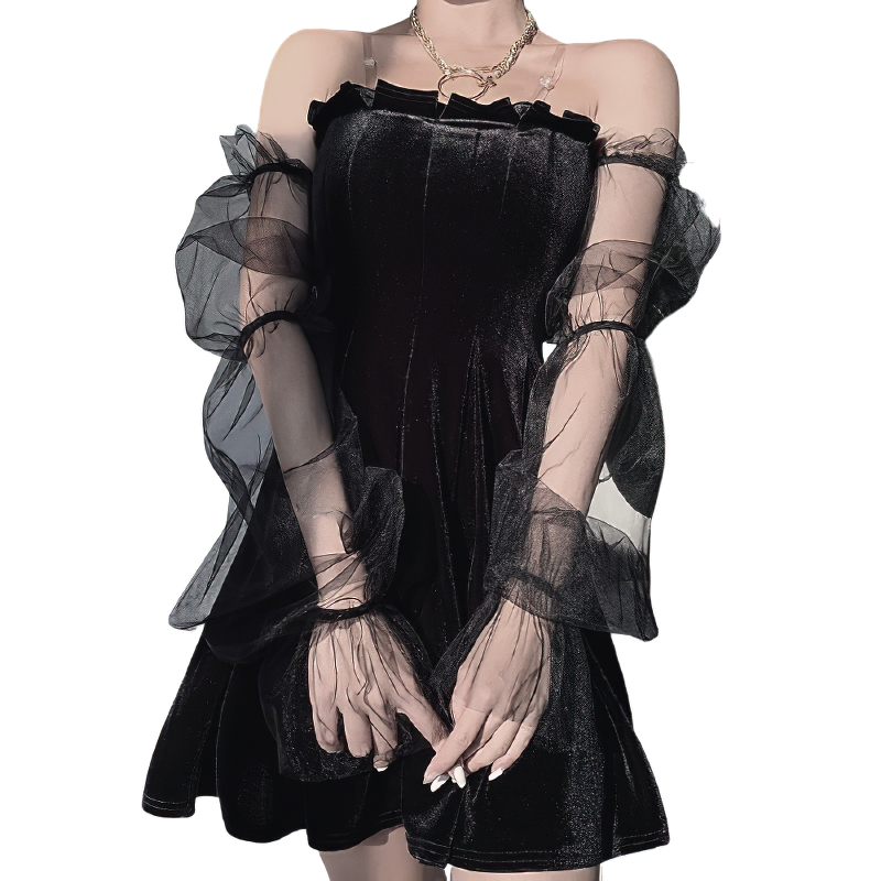 Black Gothic mini dress for women with sexy off-shoulder design and puffy mesh sleeves, perfect for punk rock style.