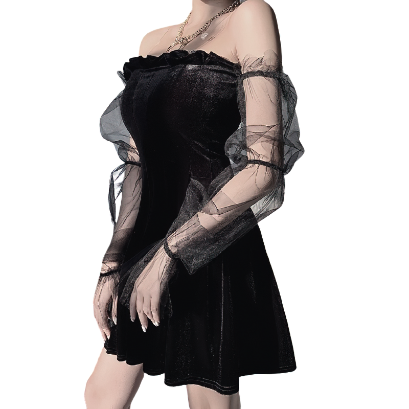 Black gothic mini dress with puffy mesh sleeves, sexy off-shoulder design, perfect for punk rock fashion.