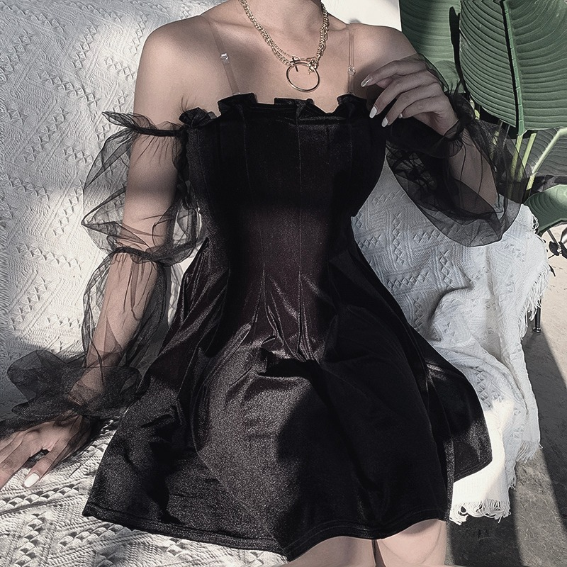 Stylish black gothic mini dress for women with off-shoulder design and puffy mesh sleeves.
