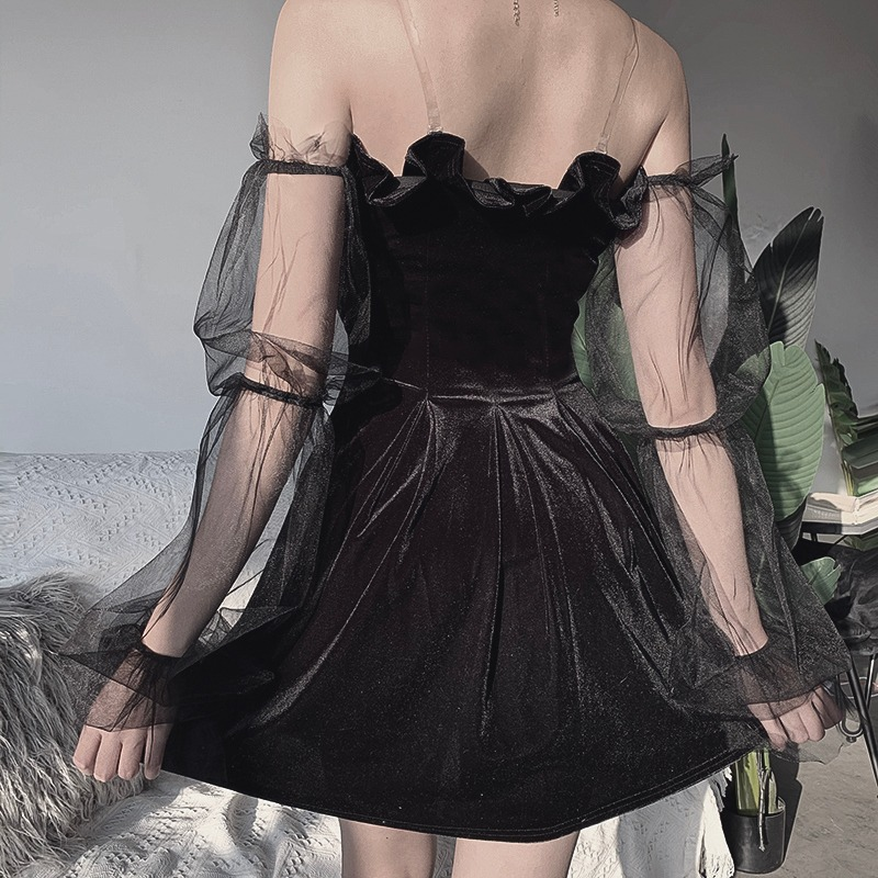 Black Gothic Mini Dress for Women / Sexy Off Shoulder Dress / Punk Rock Dress with Long Sleeve - HARD'N'HEAVY
