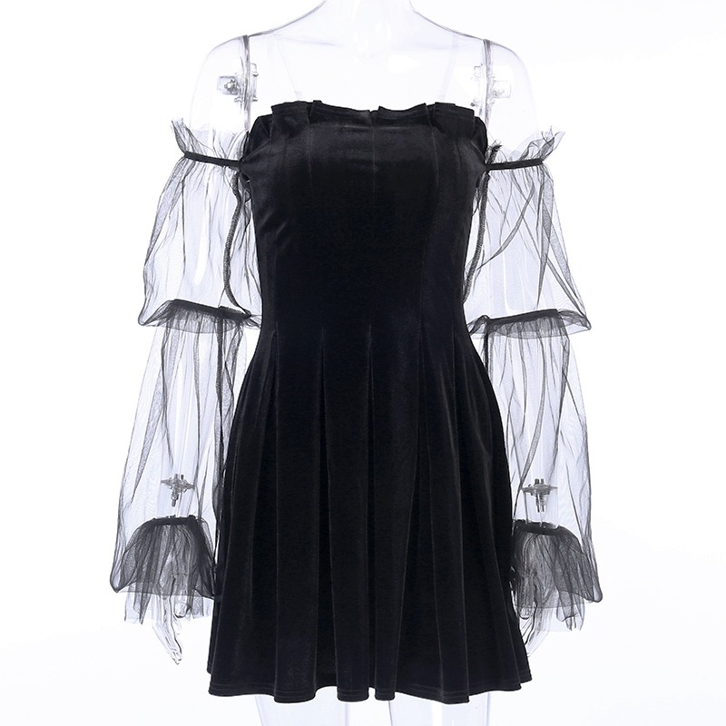 Black Gothic mini dress with off-shoulder style and puffy mesh long sleeves, perfect for punk rock fashion.