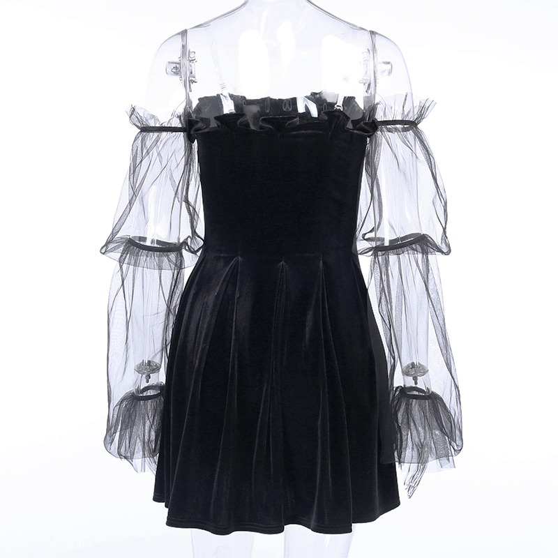 Black gothic mini dress with off-shoulder puffy mesh sleeves, perfect for punk rock fashion and stylish evenings out.