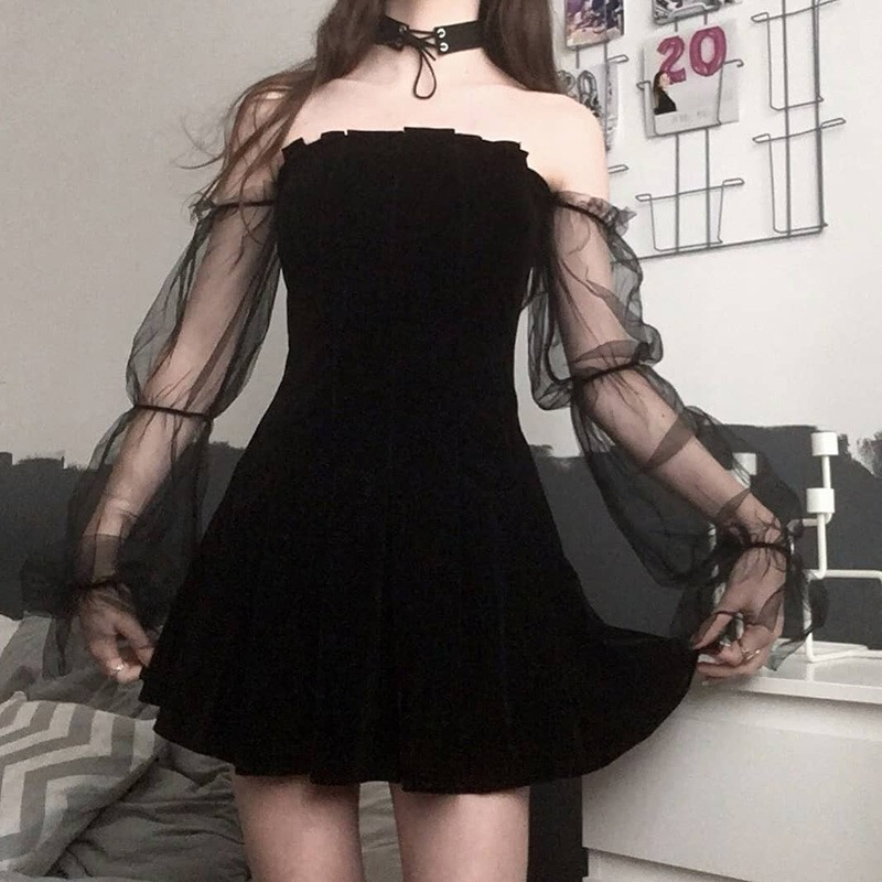 Black Gothic Mini Dress for Women / Sexy Off Shoulder Dress / Punk Rock Dress with Long Sleeve - HARD'N'HEAVY