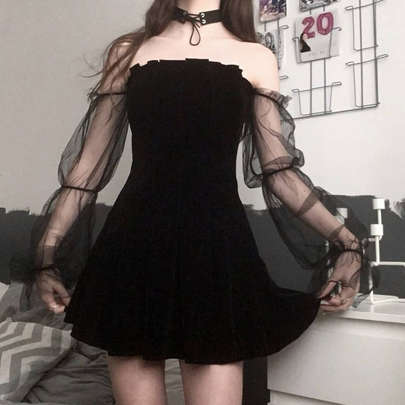 Black Gothic Mini Dress for Women / Sexy Off Shoulder Dress / Punk Rock Dress with Long Sleeve