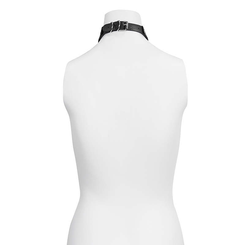 Back view of a black gothic O-ring studs buckle tie for women, ideal alternative fashion accessory.