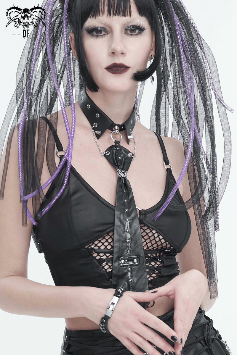 Fashionable woman in gothic attire wearing a black O-ring studs buckle tie, exuding alternative style and edgy charm.