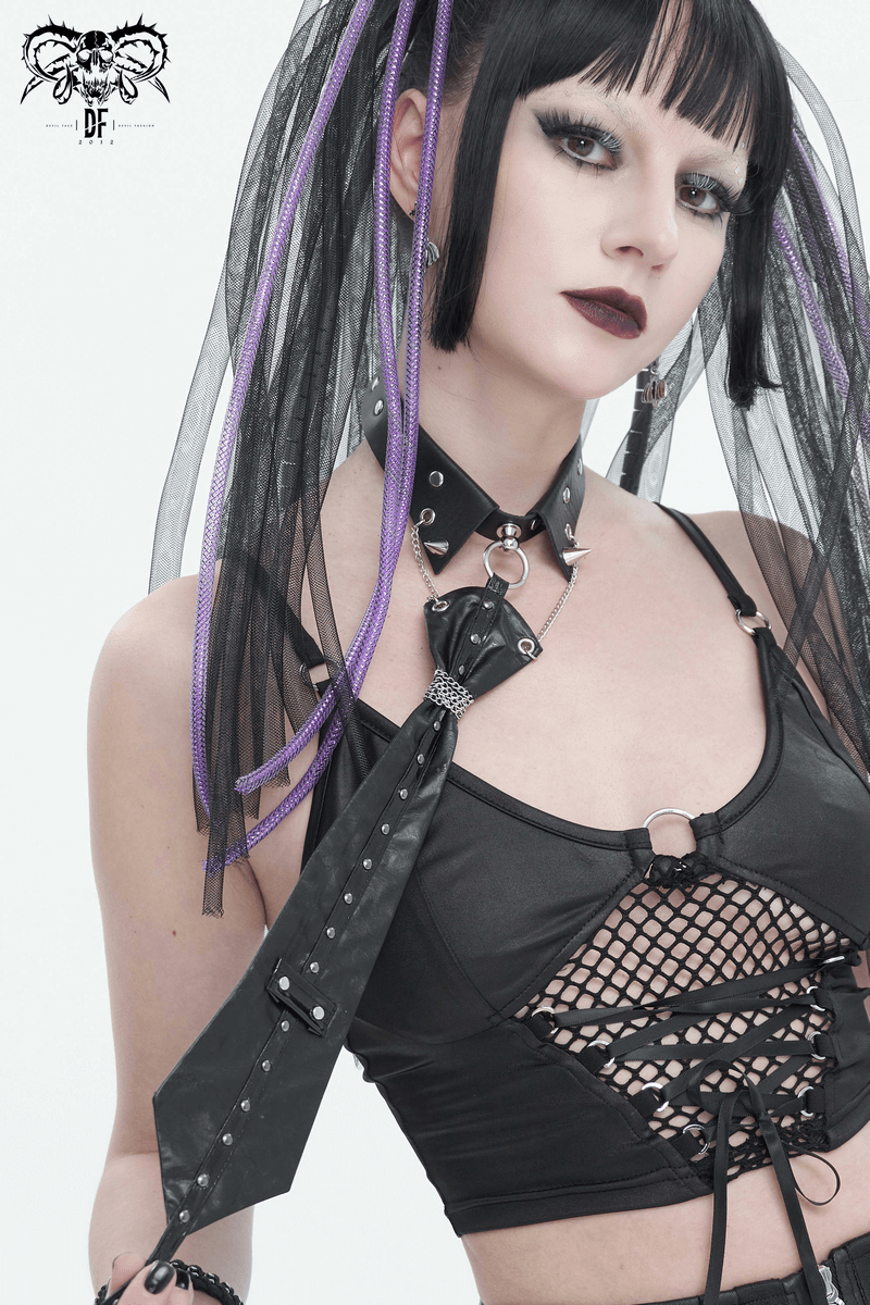 Woman showcasing a black gothic O-ring studs buckle tie and edgy alternative fashion style.