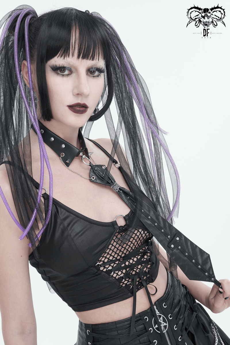 Gothic fashion model showcasing a black o-ring studs buckle tie and edgy attire with purple accents.