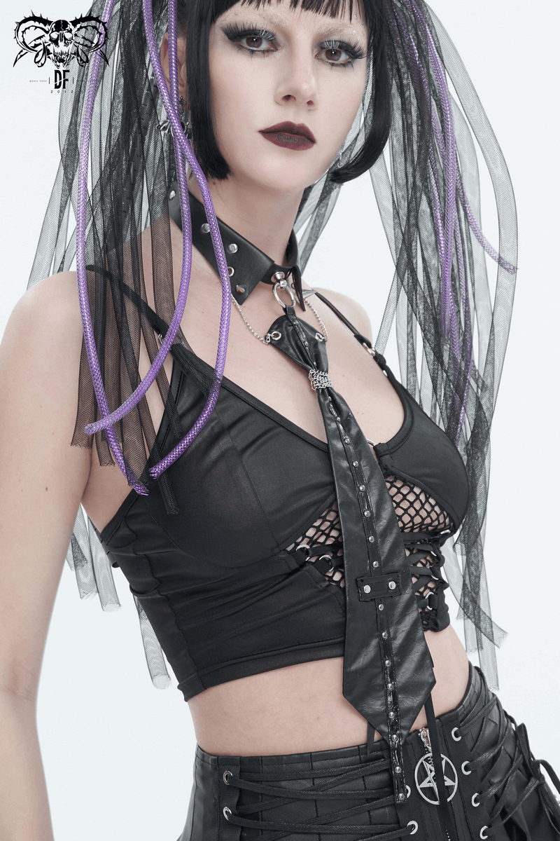 Black gothic outfit featuring O-ring studs buckle tie and mesh top for edgy alternative fashion.
