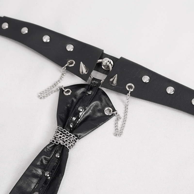 Close-up of black gothic o-ring studs buckle tie for women, showcasing edgy design and metallic accents.