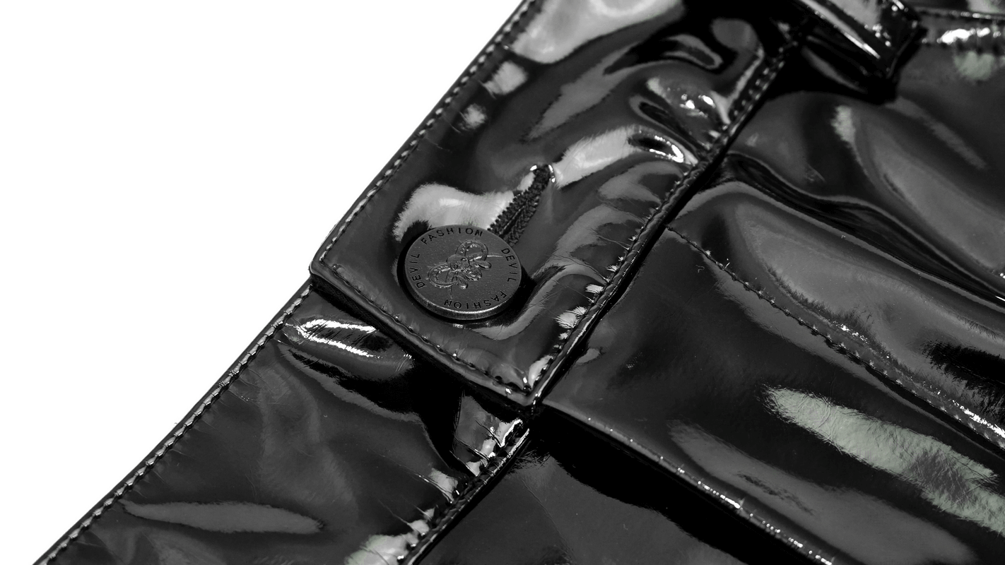 Close-up of black Gothic punk PU leather pants with button detail, showing shiny and sleek texture for a modern edgy style.