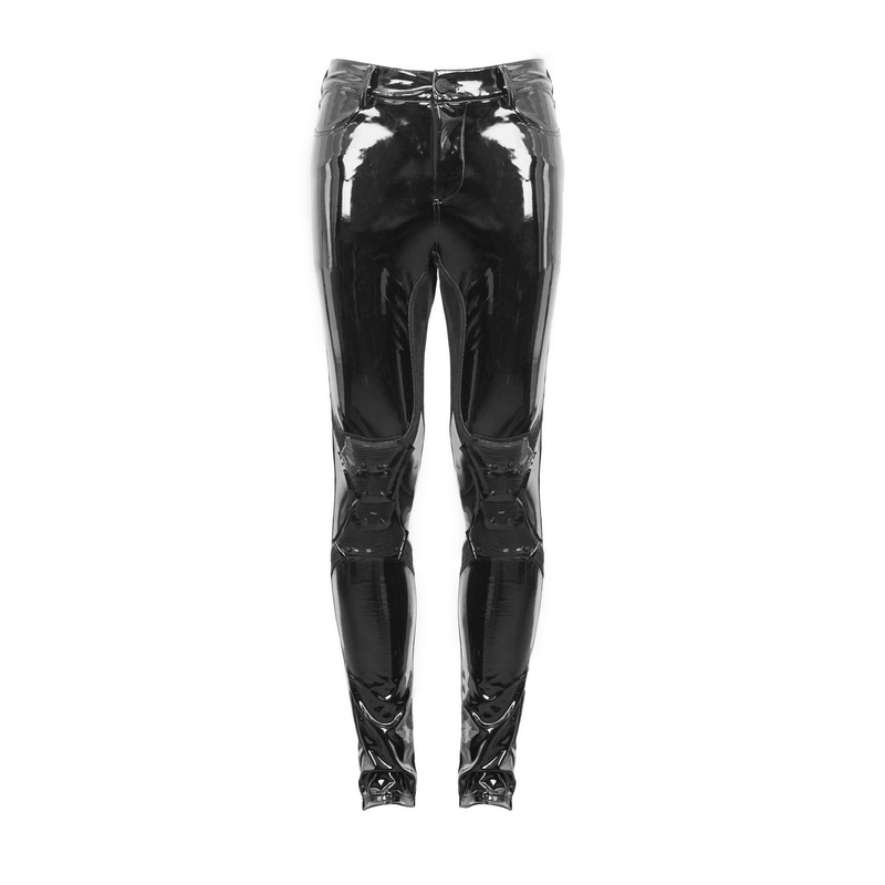 Men's black gothic punk PU leather skinny pants, modern and fitted design, perfect for a trendy wardrobe upgrade.
