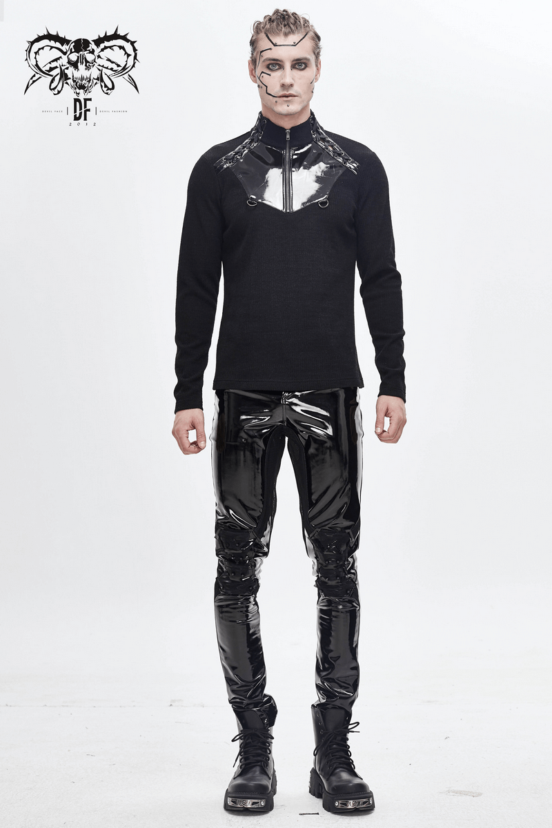 Gothic punk style black PU leather skinny pants for men, emphasizing modern fashion and fitted design.