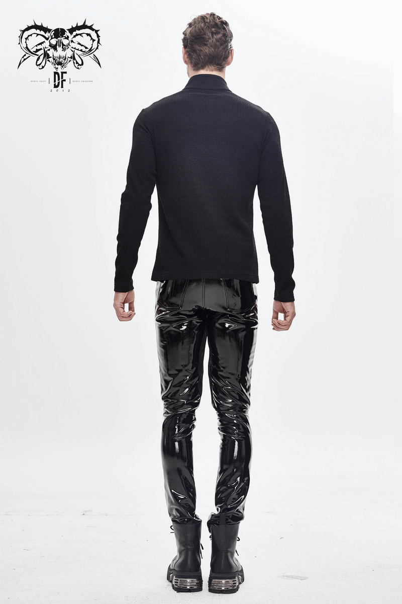 Man wearing black Gothic punk PU leather skinny pants, back view, showcasing fitted design.