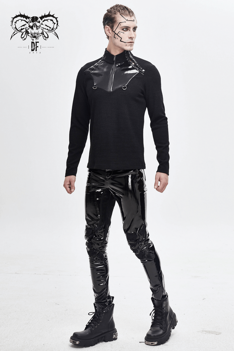 Gothic punk style model wearing black PU leather skinny pants, featuring a modern design for men's alternative fashion.