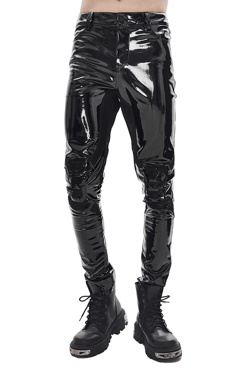 Pantalon long en latex noir gothique punk / Pantalon skinny en PU sexy pour hommes / Vêtements de mode alternatifs