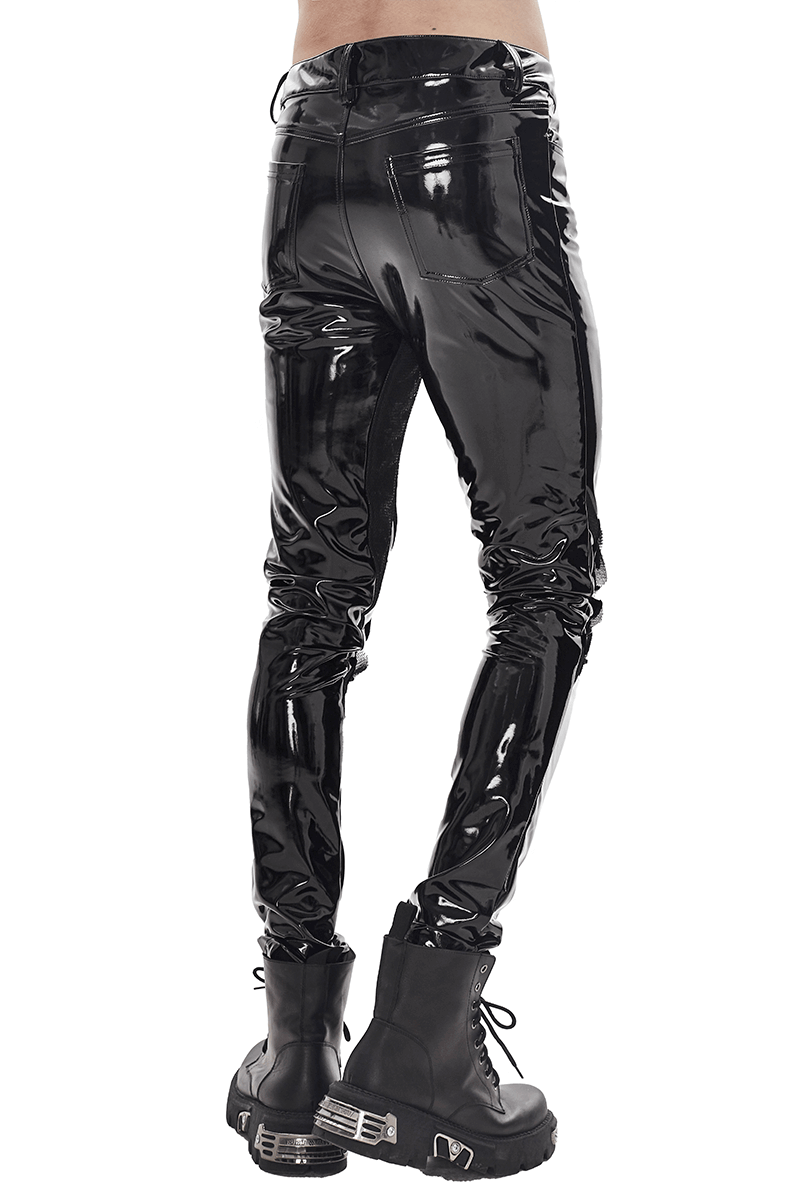 Men's black PU leather skinny pants in gothic punk style with shiny finish, perfect for a modern edgy look.