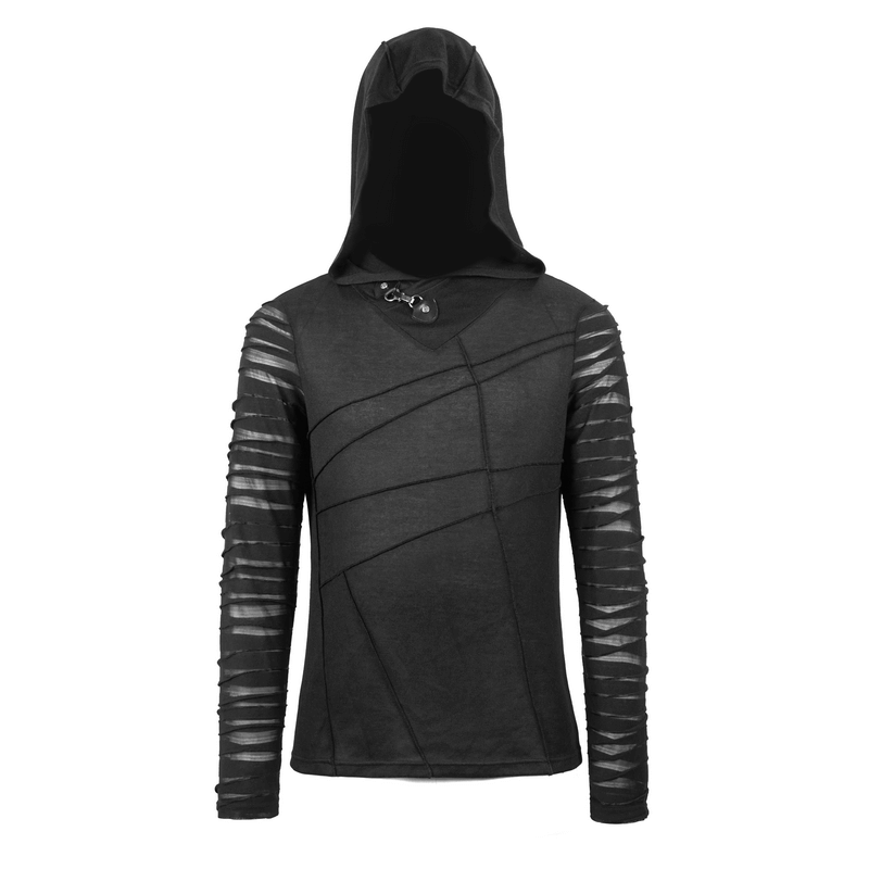 Black Gothic punk hoodie for men with long transparent sleeves and stylish buckle detail.