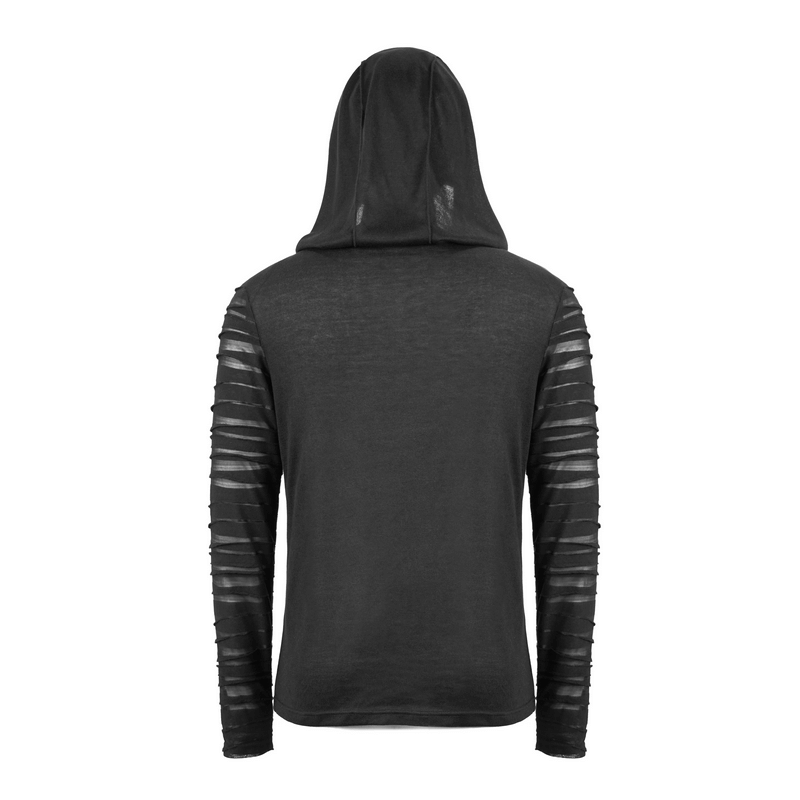 Back view of a black gothic punk long sleeves hoodie with transparent sleeves and hood, featuring stylish buckle details.
