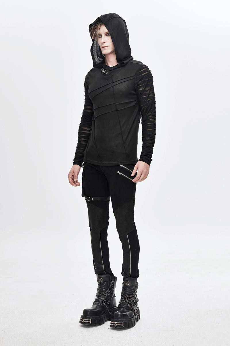 Black gothic punk long sleeves hoodie on model, featuring transparent sleeves and a stylish buckle accent.