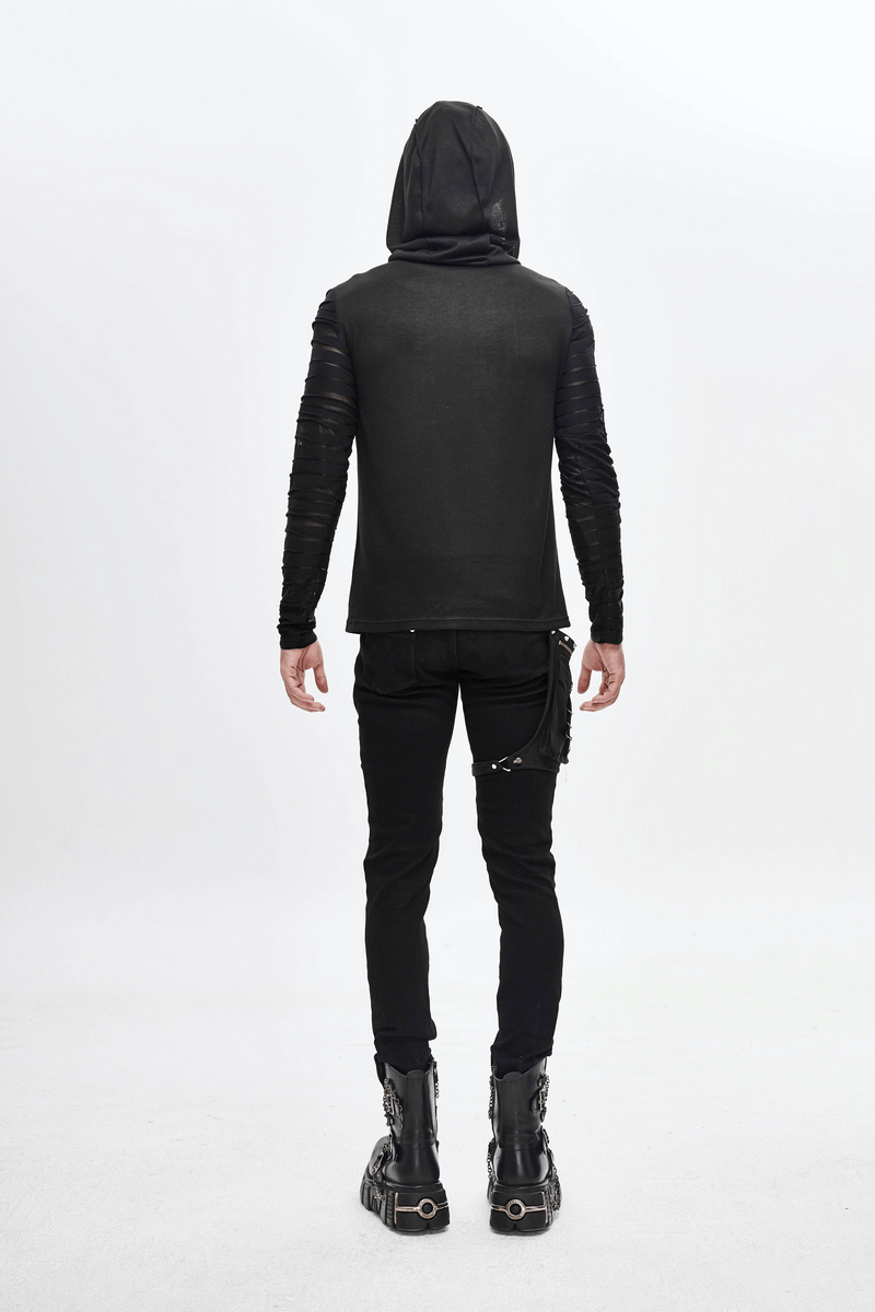 Black Gothic Punk long sleeve hoodie for men with stylish transparent sleeves and buckle detail.