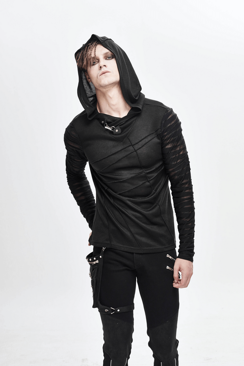 Men's black gothic punk hoodie with transparent long sleeves and stylish buckle detailing.