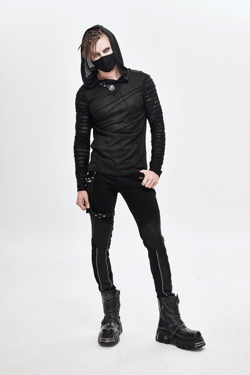 Men's black gothic punk hoodie with long transparent sleeves and a stylish buckle accent, perfect for bold fashion choices.