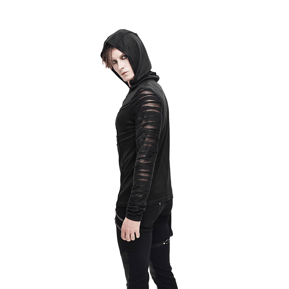 Men's black gothic punk hoodie with transparent long sleeves and stylish buckle accent.