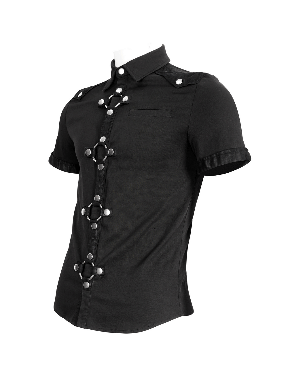 Men's black gothic punk short-sleeved shirt with unique button design and collar, perfect for trendy summer style.