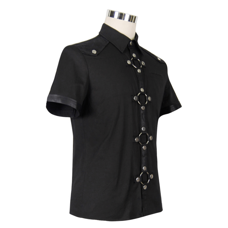 Black Gothic Punk Short Sleeves Shirt for Men / Male Shirts With Shoulder Thin Imitation Leather - HARD'N'HEAVY