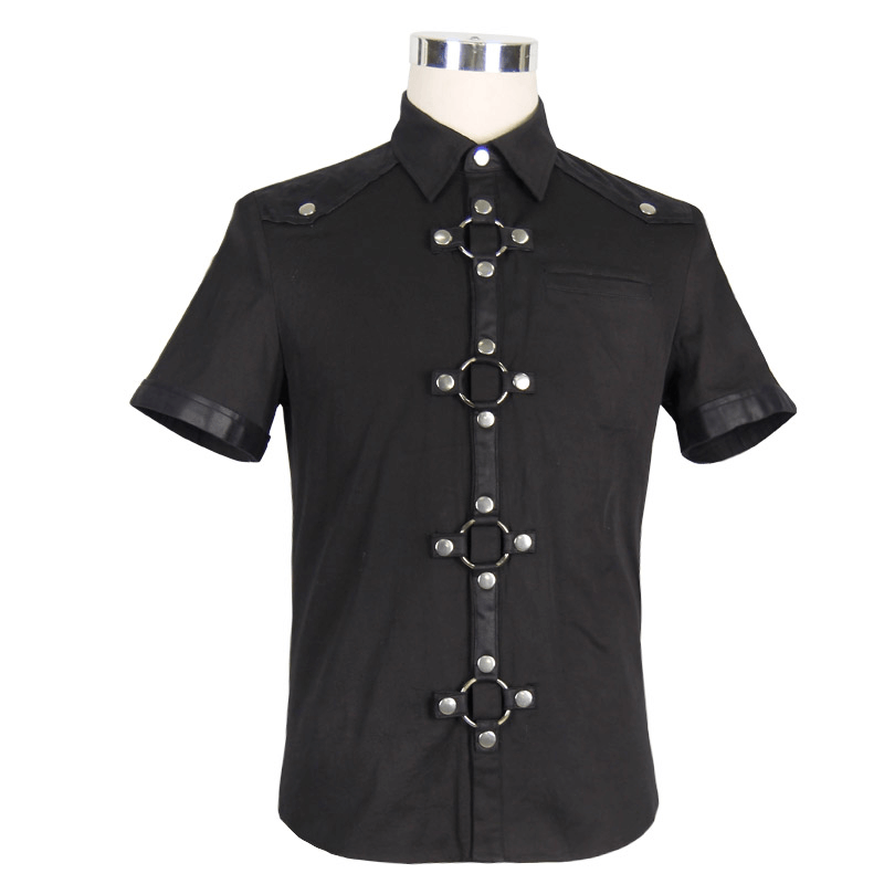 Black Gothic Punk Short Sleeves Shirt for Men / Male Shirts With Shoulder Thin Imitation Leather - HARD'N'HEAVY