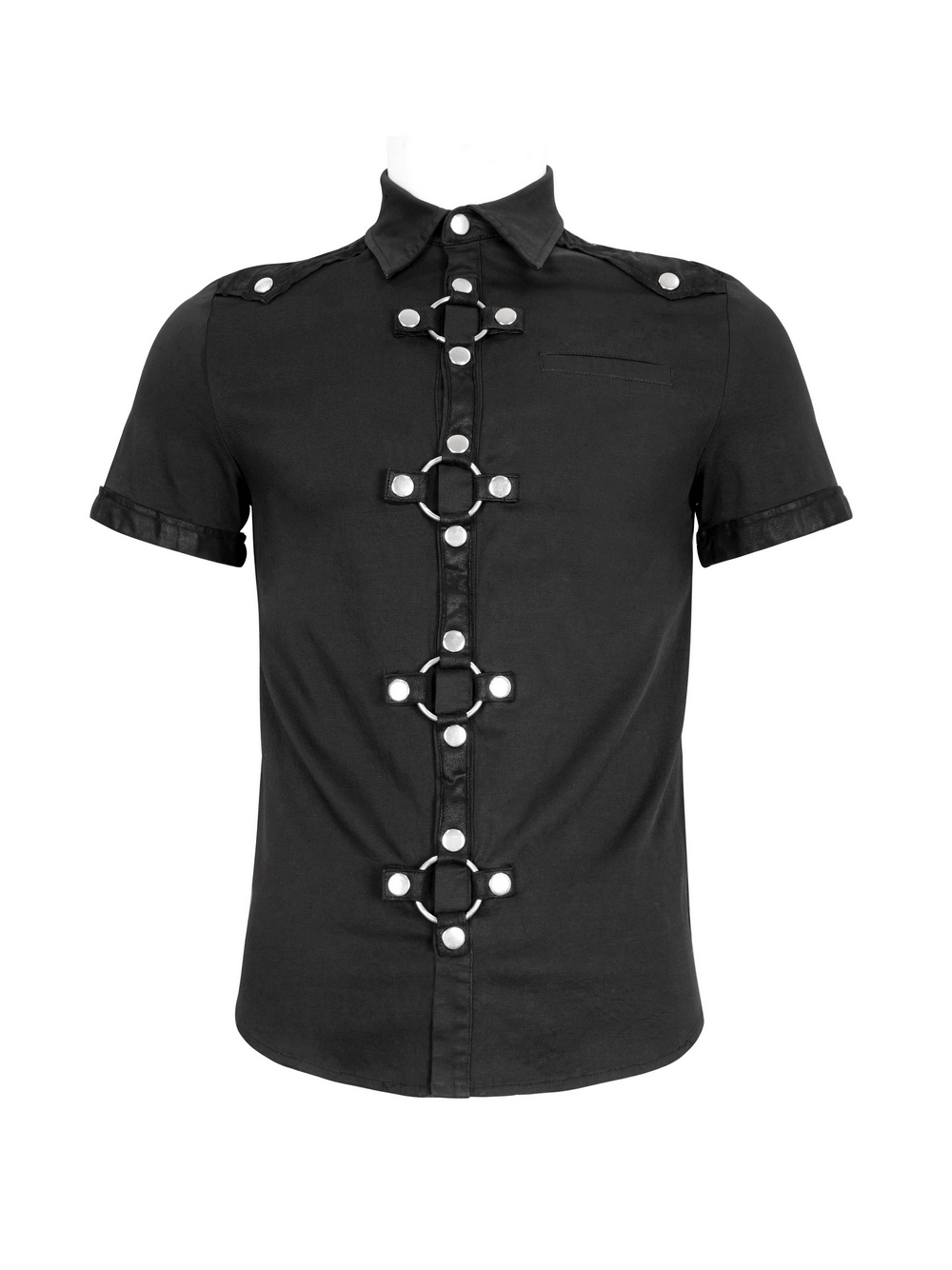 Men's black gothic punk short-sleeved shirt featuring stylish rings and buttons, perfect for a trendy look.