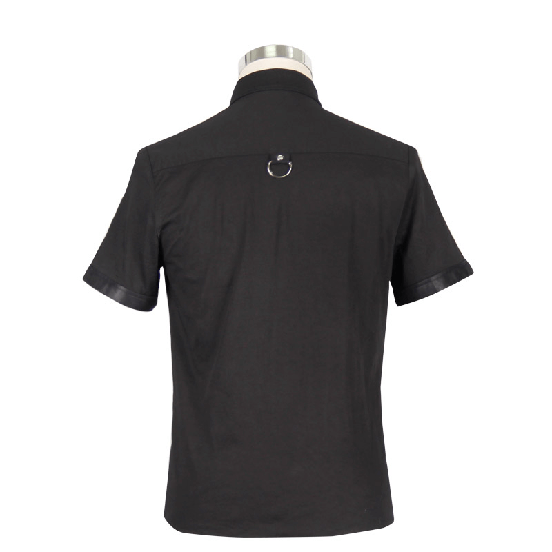 Back view of men's black gothic punk short-sleeved shirt with stylish collar and shoulder ring detail.