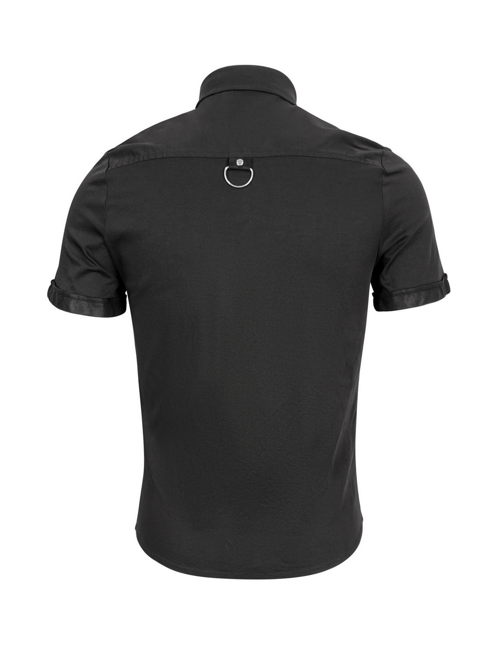 Back view of men's black gothic punk short-sleeved shirt with stylish collar and shoulder ring detail.