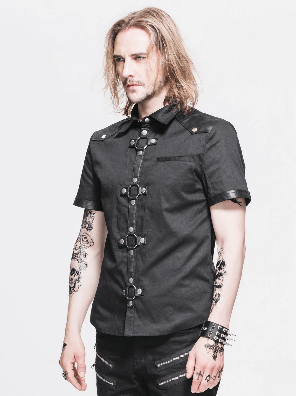 Men's black gothic punk short-sleeved shirt with imitation leather accents and stylish design.