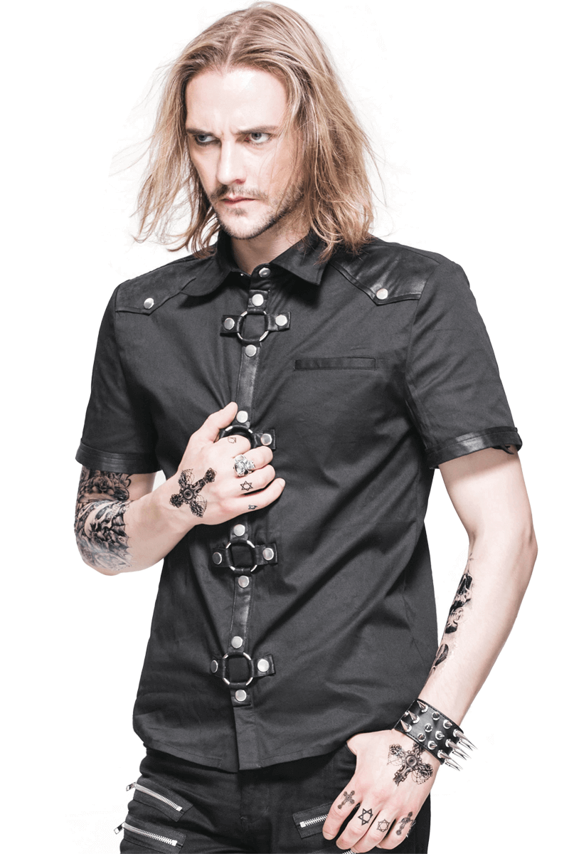 Black Gothic Punk Short Sleeves Shirt for Men / Male Shirts With Shoulder Thin Imitation Leather - HARD'N'HEAVY