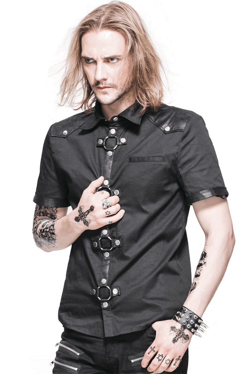 Chemise noire gothique punk à manches courtes pour hommes / chemises masculines avec épaule mince simili cuir