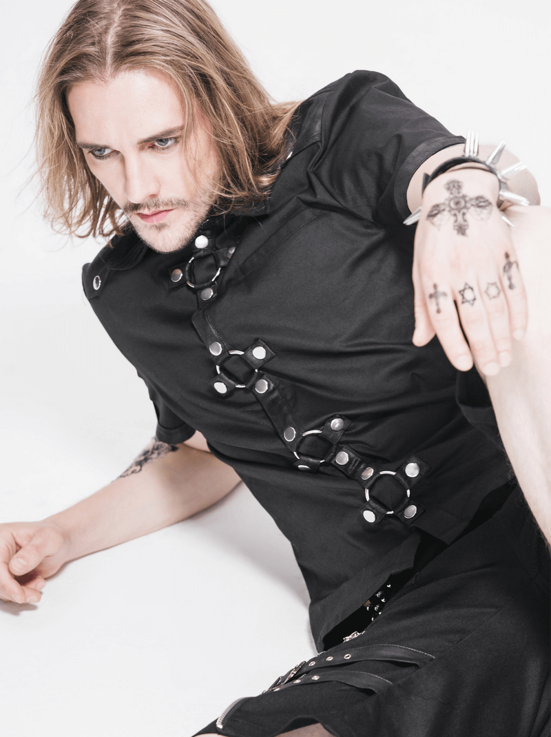 Trendy black gothic punk short sleeve shirt for men with stylish buttons and imitation leather details.