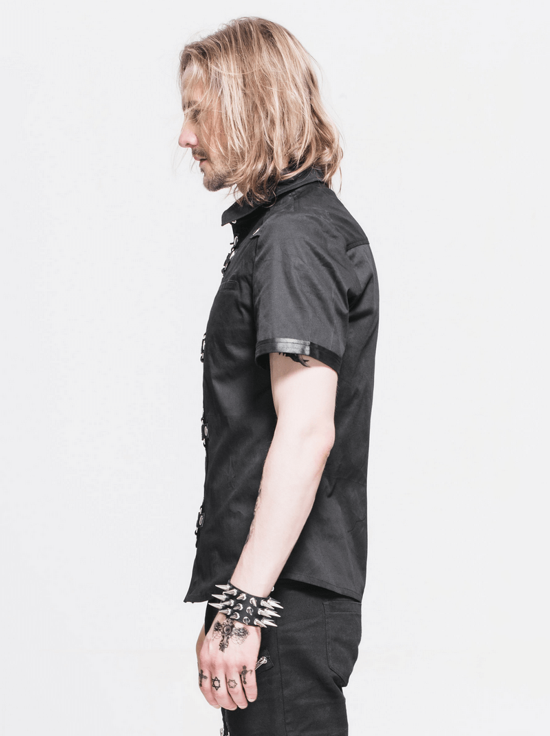 Stylish black gothic punk short-sleeve shirt for men, featuring imitation leather details and edgy accessories.